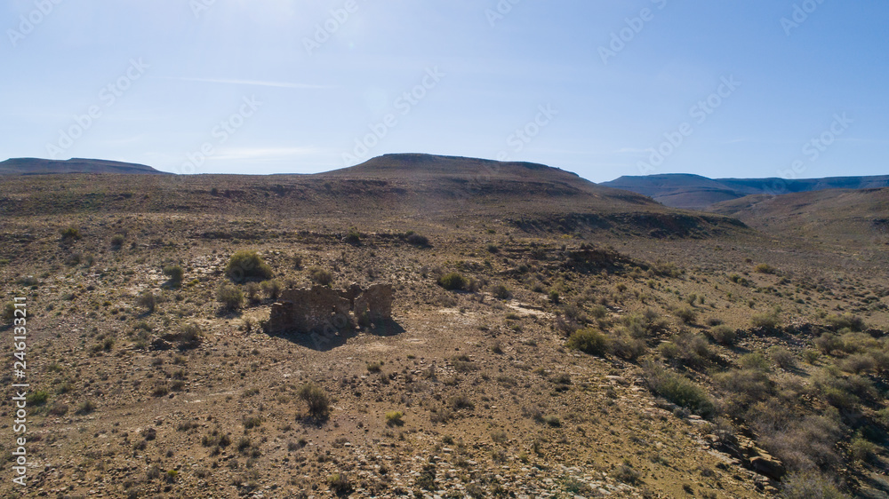 Wide angle view of an old abandoned building in the karoo region of south africa