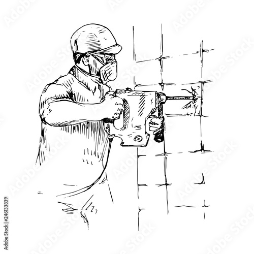 Man in protective mask and helmet remove tiles on the wall with hammer drill (rotary hammer), hand drawn doodle, sketch, black and white vector illustration