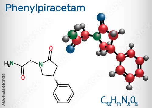 Phenylpiracetam nootropic drug molecule. It is a phenylated analog of the piracetam. Structural chemical formula and molecule model