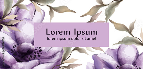 Purple flowers watercolor background Vector. Spring trendy painted decors