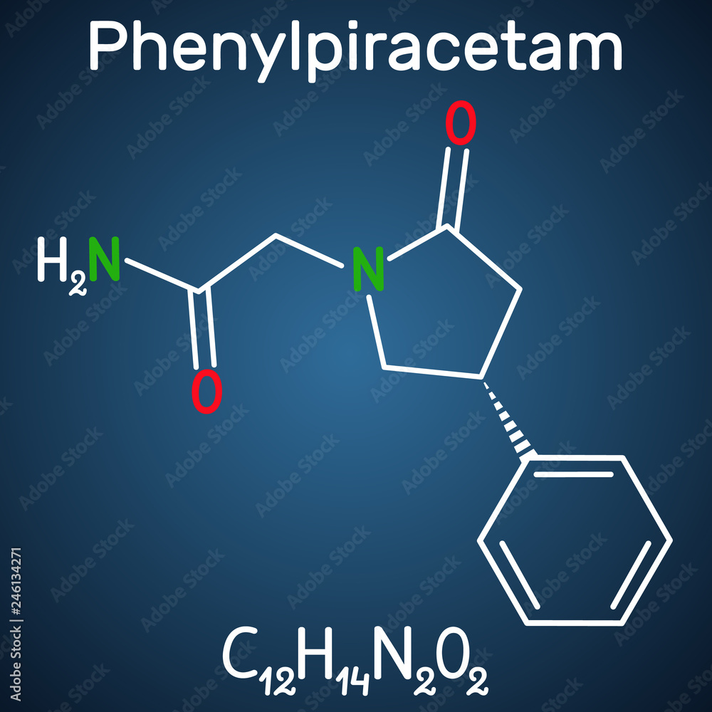 Phenylpiracetam nootropic drug molecule. It is a phenylated analog of the piracetam. Structural chemical formula on the dark blue background