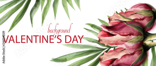 Roses and tropic leaves watercolor Vector card. Spring trendy poster templates