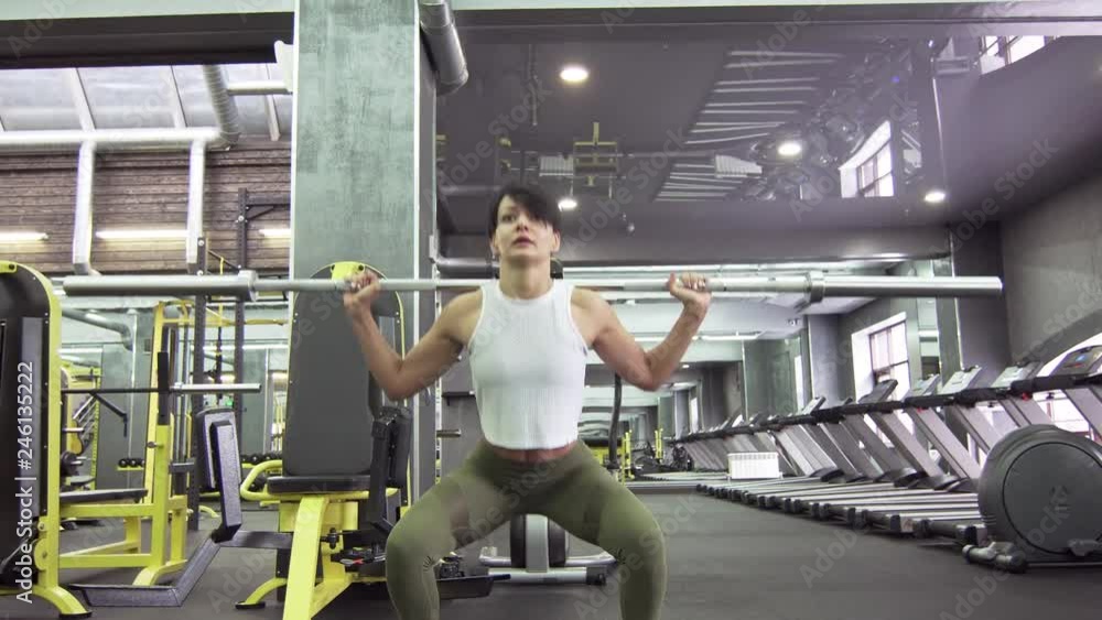Side View - A Beautiful Young Woman Aspiring Athlete Does Squats With Barbell For Beautiful Legs And Buttocks. The Concept Of A Beautiful Female Figure Side View - A Beautiful Young Woman Aspiring Athlete Does Squats With Barbell For Beautiful Legs And Buttocks. The Concept Of A Beautiful Female Figure