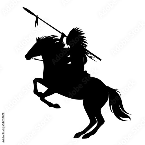 native american indian chief with spear and feathered headdress riding a horse - black vector silhouette