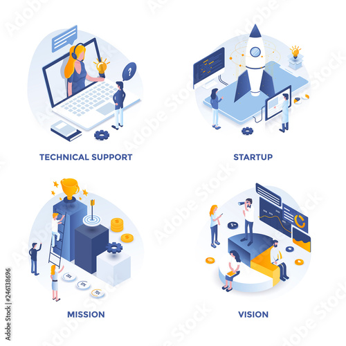 Modern Flat Isometric designed concept icons for Technical support, Startup, Mission and Vision. Can be used for Web Project and Applications. Vector Illustration