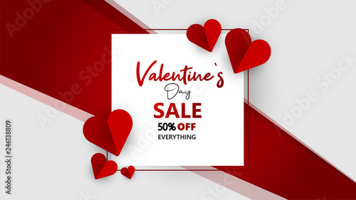 Promo Web Banner for Valentine's Day Sale. Beautiful Background with Red Hearts. Vector Illustration with Seasonal Offer. - Vector