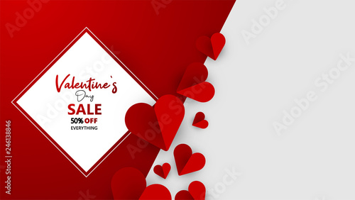Promo Web Banner for Valentine's Day Sale. Beautiful Background with Red Hearts. Vector Illustration with Seasonal Offer. - Vector