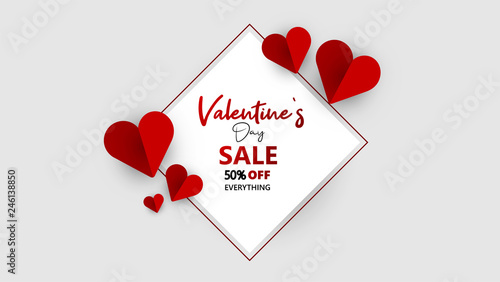 Promo Web Banner for Valentine's Day Sale. Beautiful Background with Red Hearts. Vector Illustration with Seasonal Offer. - Vector