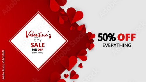 Promo Web Banner for Valentine's Day Sale. Beautiful Background with Red Hearts. Vector Illustration with Seasonal Offer. - Vector