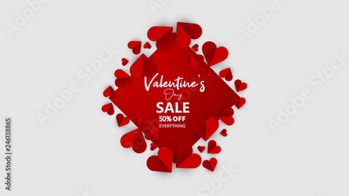 Promo Web Banner for Valentine's Day Sale. Beautiful Background with Red Hearts. Vector Illustration with Seasonal Offer. - Vector
