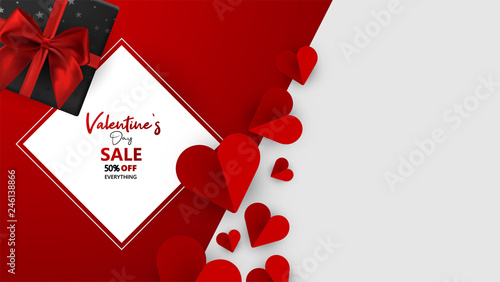Promo Web Banner for Valentine's Day Sale. Beautiful Background with Red Hearts. Vector Illustration with Seasonal Offer. - Vector