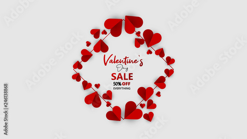 Promo Web Banner for Valentine's Day Sale. Beautiful Background with Red Hearts. Vector Illustration with Seasonal Offer. - Vector