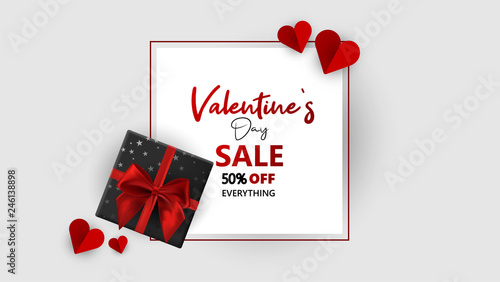 Promo Web Banner for Valentine's Day Sale. Beautiful Background with Red Hearts. Vector Illustration with Seasonal Offer. - Vector