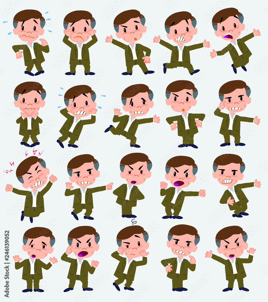 Cartoon character businessman in casual style. Set with different postures, attitudes and poses, always in negative attitude, doing different activities in vector vector illustrations. Cartoon character businessman in casual style. Set with different postures, attitudes and poses, always in negative attitude, doing different activities in vector vector illustrations.