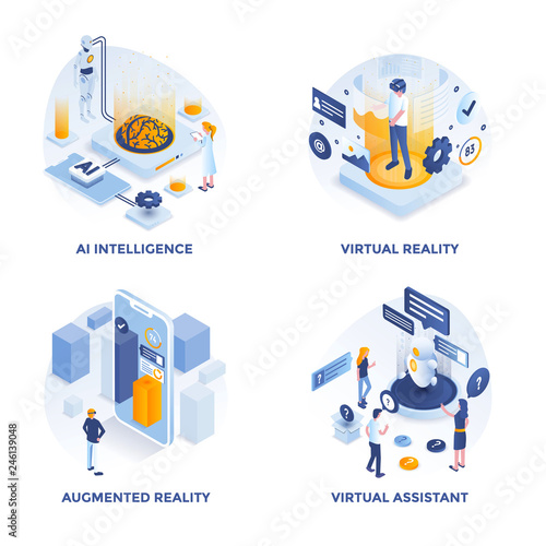 Modern Flat Isometric designed concept icons for AI Intelligence, Virtual Reality, Augmented Reality and Virtual Assistant. Can be used for Web Project and Applications. Vector Illustration