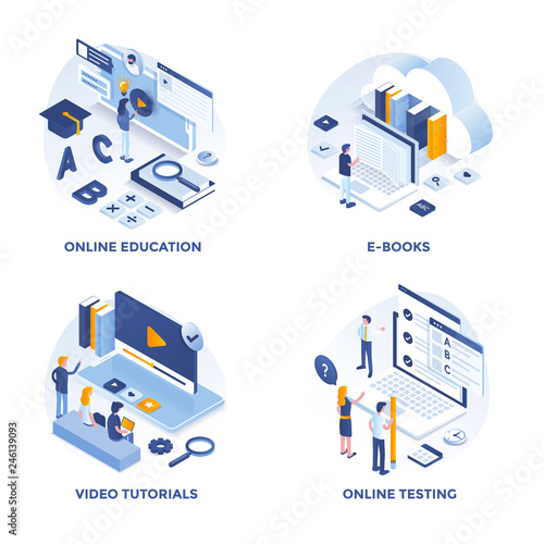Modern Flat Isometric designed concept icons for Online Education, E-Books, Video Tutorials and Online Testing. Can be used for Web Project and Applications. Vector Illustration
