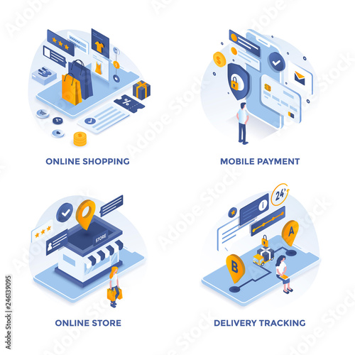 Modern Flat Isometric designed concept icons for Online Shopping, Mobile Payment, Online Store and Delivery Tracking. Can be used for Web Project and Applications. Vector Illustration