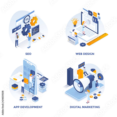 Modern Flat Isometric designed concept icons for Seo, Web Design, Apps Development and Digital Marketing. Can be used for Web Project and Applications. Vector Illustration