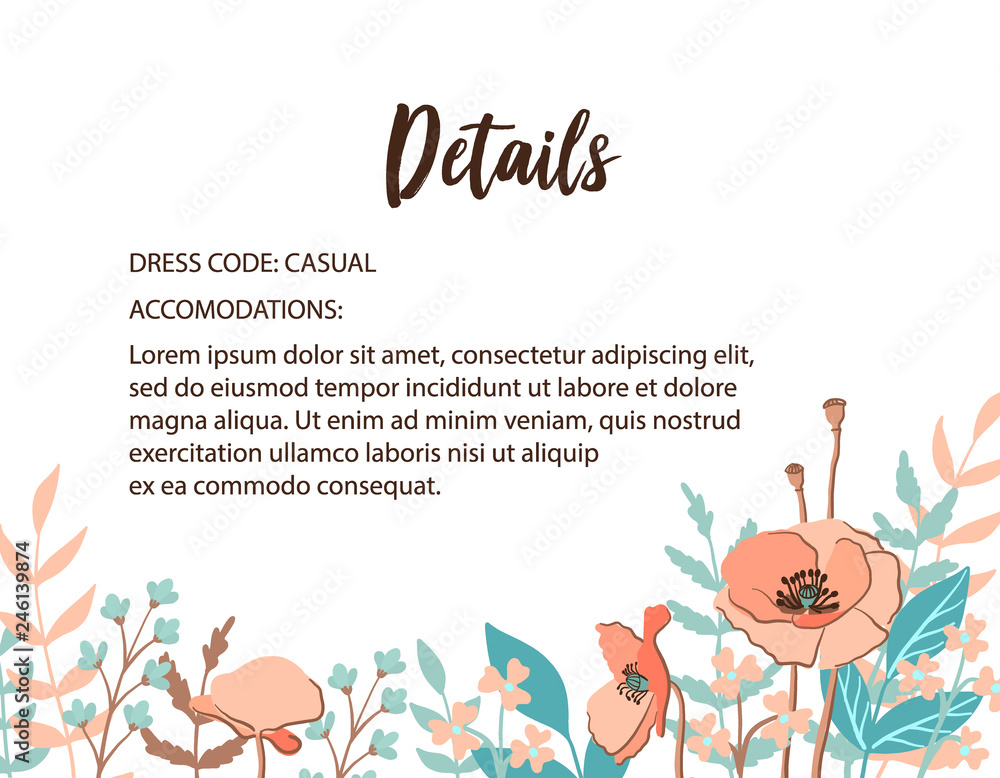 Classic and Refind wedding information card with flower frame background, hand drawn floral elements label. Vector design template, isolated. Details card in trendy and fashion rust color