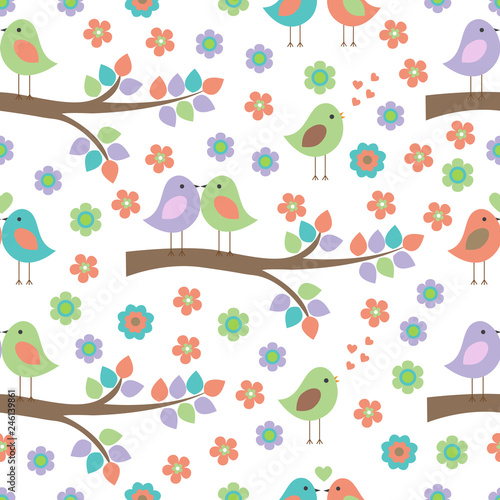 Vector seamless pattern on the theme of nature. Lovers of birds sitting on the branches of trees.
