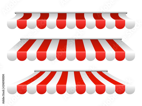 Striped white and red sunshade for cafe, shop, market vector isolated on white background
