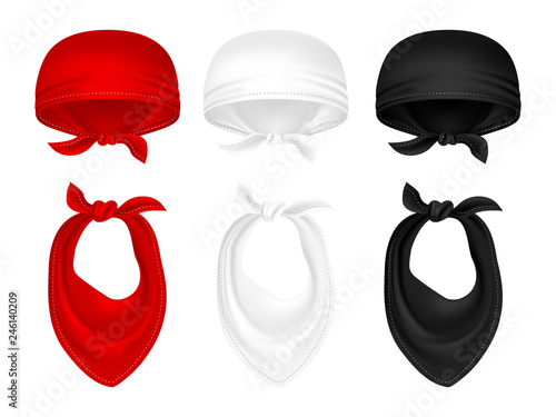 Vector set of bandanas and neck scarves red and black isolated on white background
