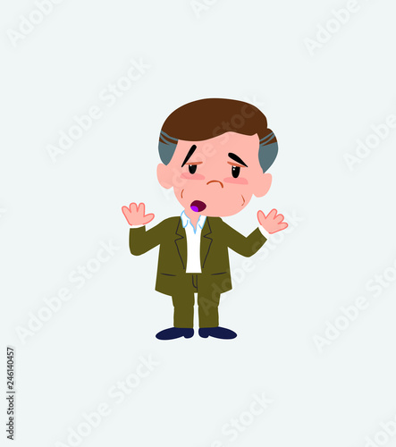 Businessman in casual style makes a gesture of tired resignation.