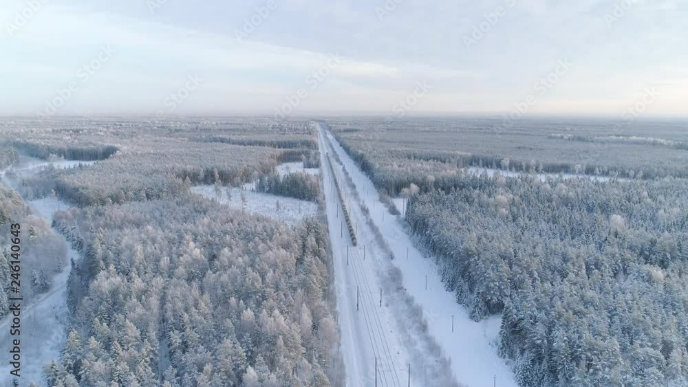 Aerial view of freight train between forest landscape in winter Aerial view of freight train between forest landscape in winter