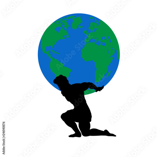 Atlas Titan god holds earth silhouette ancient mythology fantasy. Vector illustration.