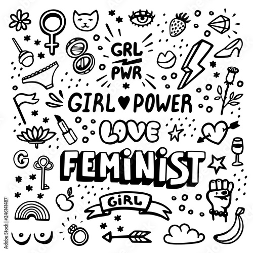 Feminism symbols icon set. Feminist movement, protest, girl power. Black and white Vector illustration.