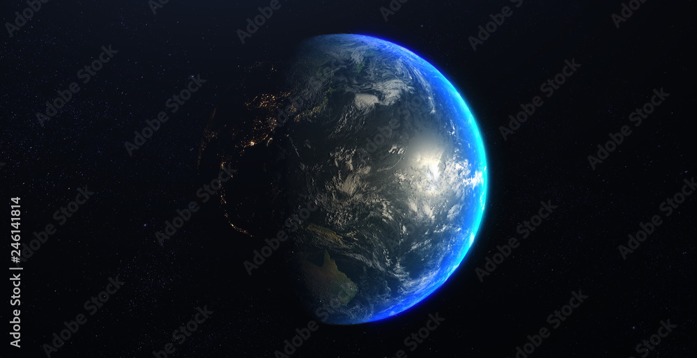 Planet Earth view from Space in a star field. Showing the terrain and clouds. Based on NASA data.