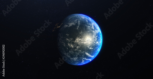 Planet Earth view from Space in a star field. Showing the terrain and clouds. Based on NASA data.