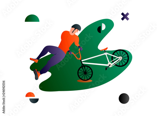 Bmx. Vector cartoon flat bmx rider doing a trick.Creative vector illustration made in abstract composition