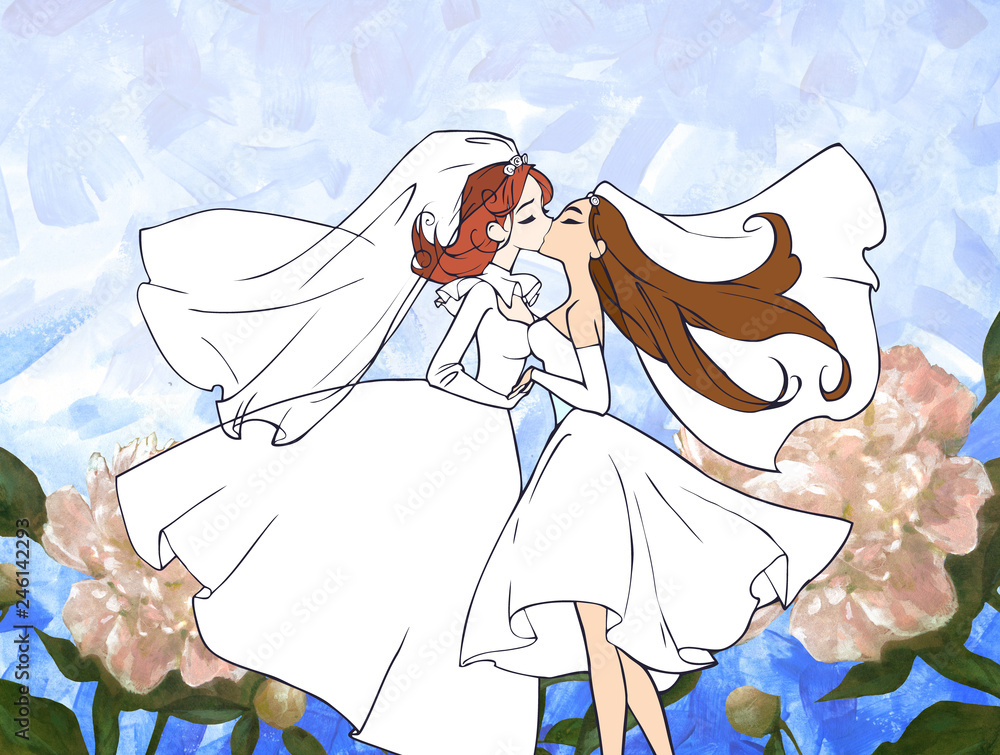 Beautiful cartoon anime wedding illustration of two pretty homosexual women  getting married, in love with each other, kissing. Symbol of LGBT happy  relationship and marriage Stock Photo | Adobe Stock