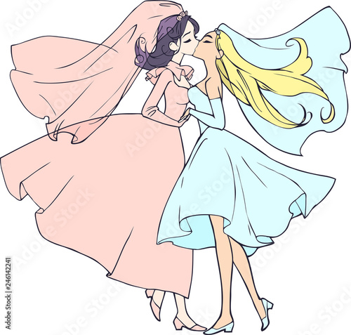 Beautiful cartoon anime wedding illustration of two pretty homosexual women getting married, in love with each other, kissing. Symbol of LGBT happy relationship and marriage