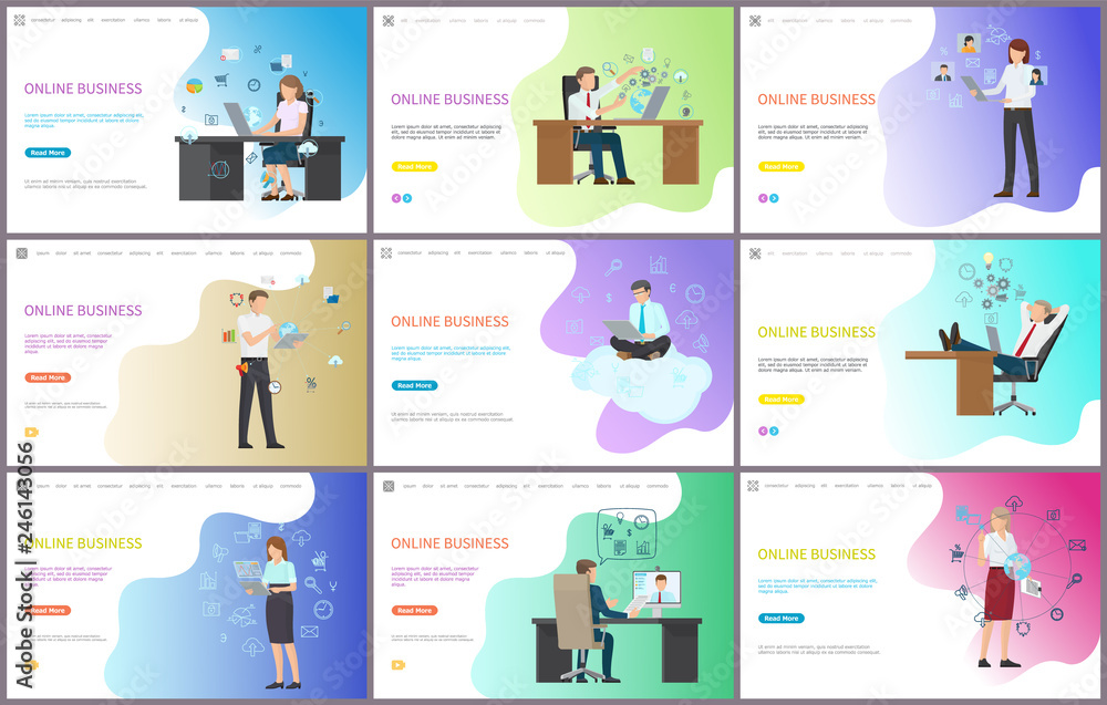 Online business, people working on PC computers vector. Internet web possibilities for companies and workers. Businessman on conference with partner Online business, people working on PC computers vector. Internet web possibilities for companies and workers. Businessman on conference with partner