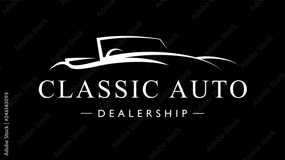 Classic retro style sports car dealership logo. Vintage convertible auto garage vehicle silhouette icon. Vector illustration.