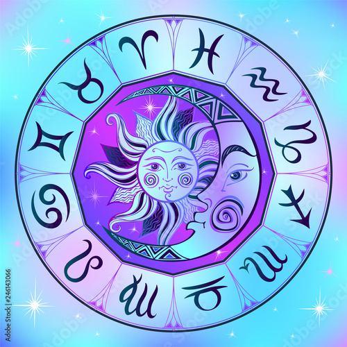 Zodiac. Astrological symbol. Horoscope. The sun and the moon. Astrology. Mystical. Vector.
