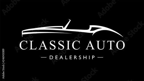 Classic retro style sports car dealership logo. Vintage convertible auto garage vehicle silhouette icon. Vector illustration.