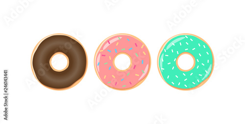 Colorful glazed donut with sprinkles vector set. Chocolate, turquoise and pink icing doughnut cartoons.