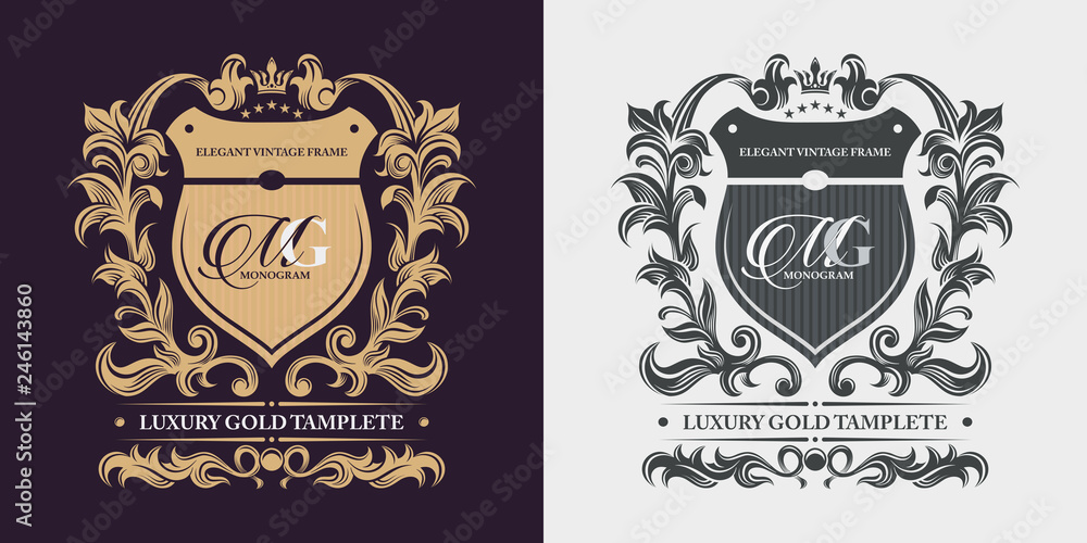 Vintage leaf ornament on light and dark background. Luxurious golden pattern. Gold decorative floral frame and monogram initials. Vector heraldic templates.