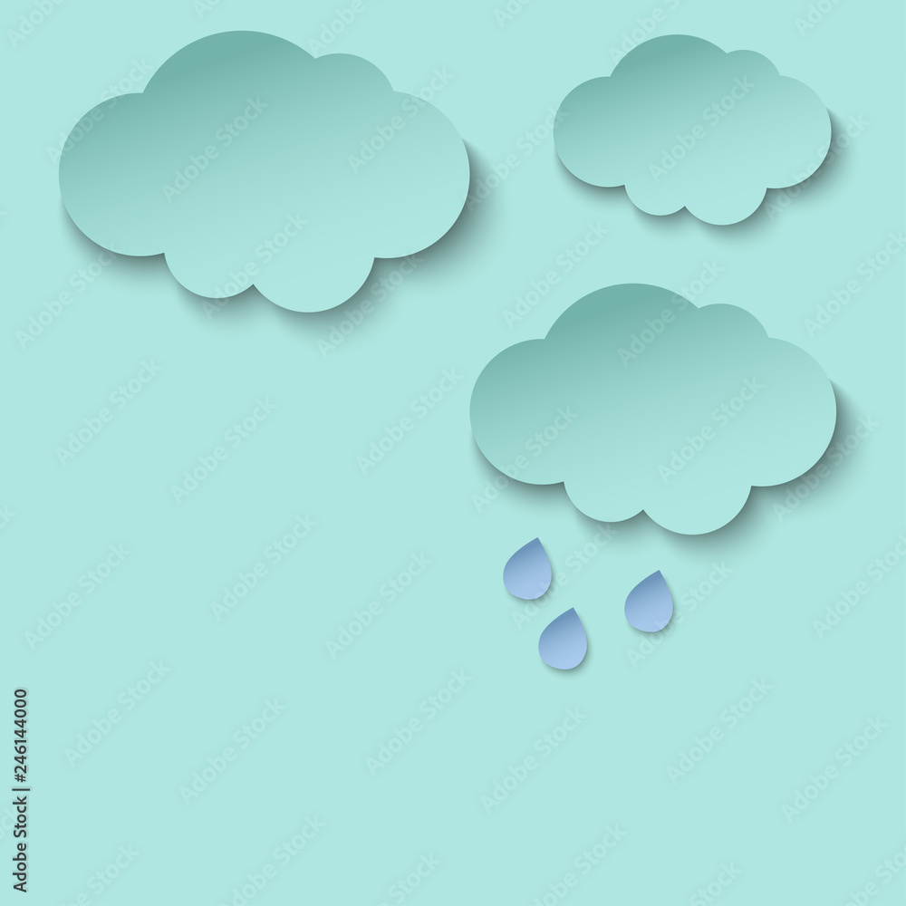 Cyan paper cut clouds and rain drops. 3d paper art style. Weather illustration Cyan paper cut clouds and rain drops. 3d paper art style. Weather illustration