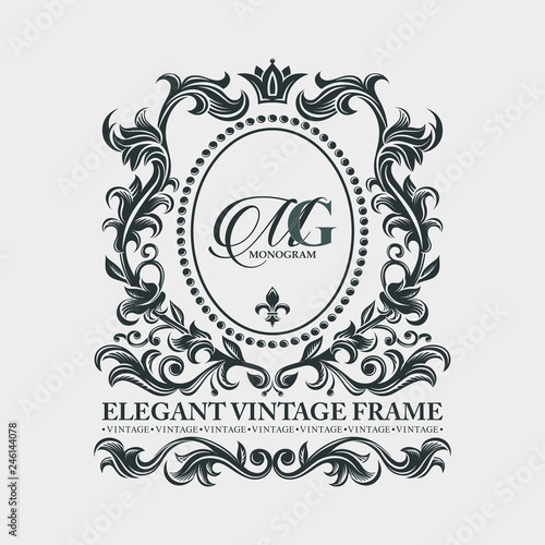 Vector monogram. Luxurious decorative frame. Wedding invitation. Elegant lines of calligraphic ornament. Ornate background. Heraldic symbols. Business sign.