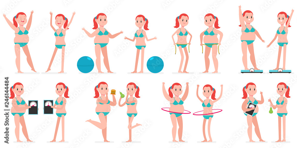 Fat and thin girl with hule hoop, fitness ball, measuring tape, on weight scales. Vector cartoon woman character set isolated on a white background. Healthy lifestyles and sport concept illustration.