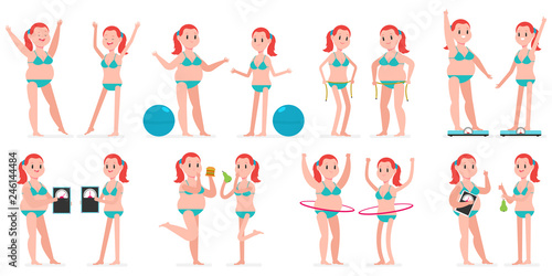 Fat and thin girl with hule hoop, fitness ball, measuring tape, on weight scales. Vector cartoon woman character set isolated on a white background. Healthy lifestyles and sport concept illustration.