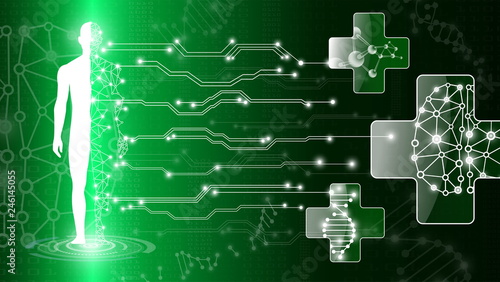 abstract background technology concept in green light,human body heal,technology modern medical science in future and global international medical with tests analysis clone DNA human