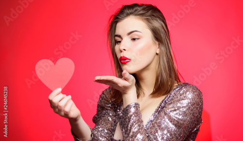 All my love is for you. Valentines day party. I love you. Sexy woman in glamour dress. Romantic greeting. Be my valentine. Love and romance. Valentines day sales. Sensual girl with decorative heart