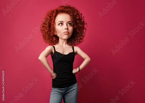 Funny red curly girl with big head and funny hairstyle. Caricature stylization of female logic photo