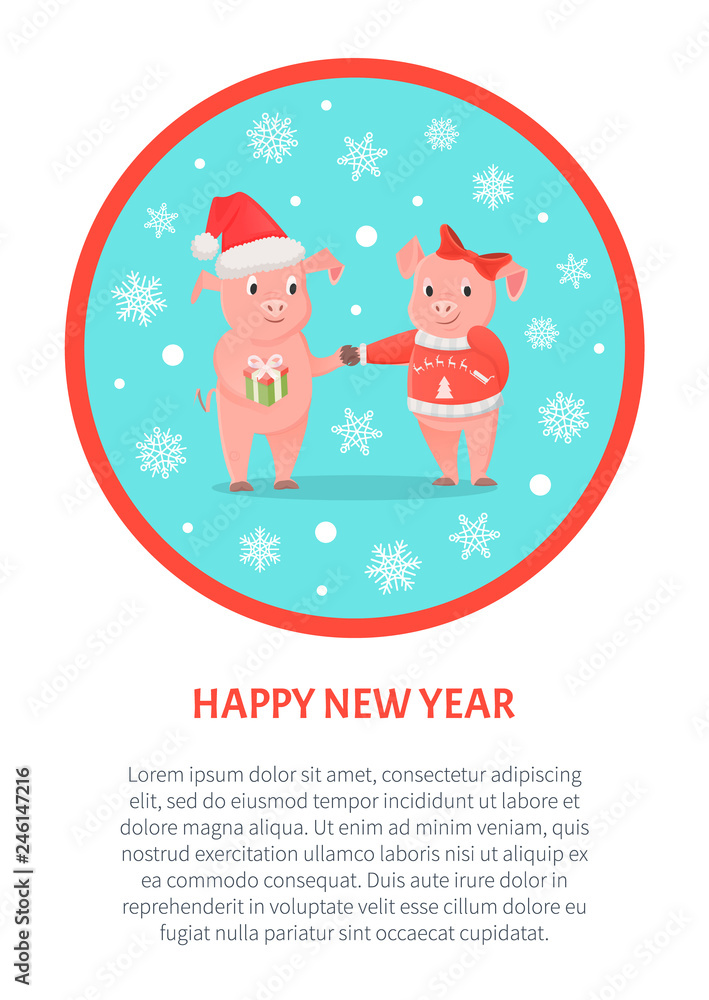 Happy New Year greeting in round frame, male and female piglets, pigs in hat and bow, Christmas holiday. Animal exchange gifts, livestock mammals, zodiac symbol vector Happy New Year greeting in round frame, male and female piglets, pigs in hat and bow, Christmas holiday. Animal exchange gifts, livestock mammals, zodiac symbol vector