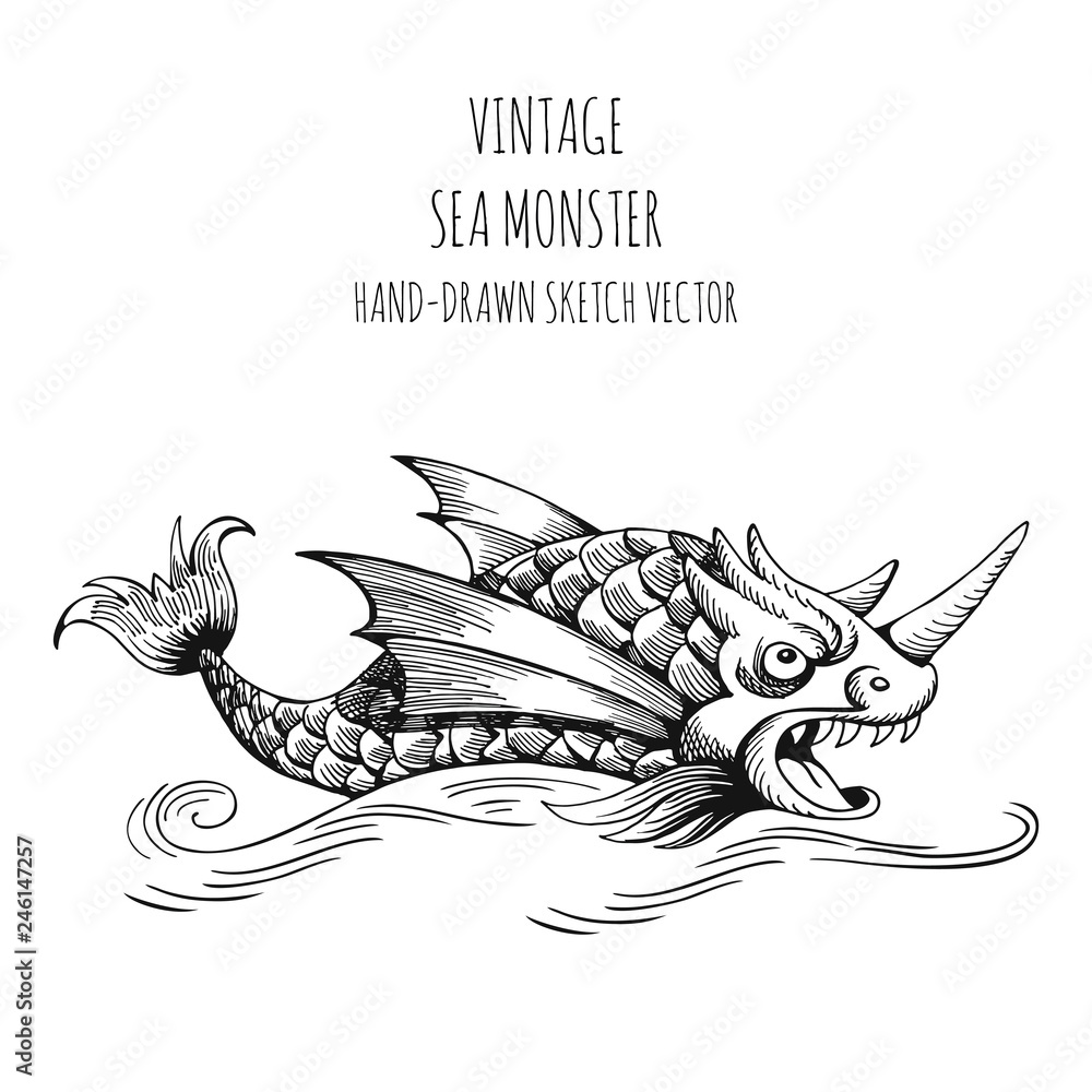 Fototapeta premium Mythological vintage sea monster. Fragment design of old pirate or fantasy geographical map